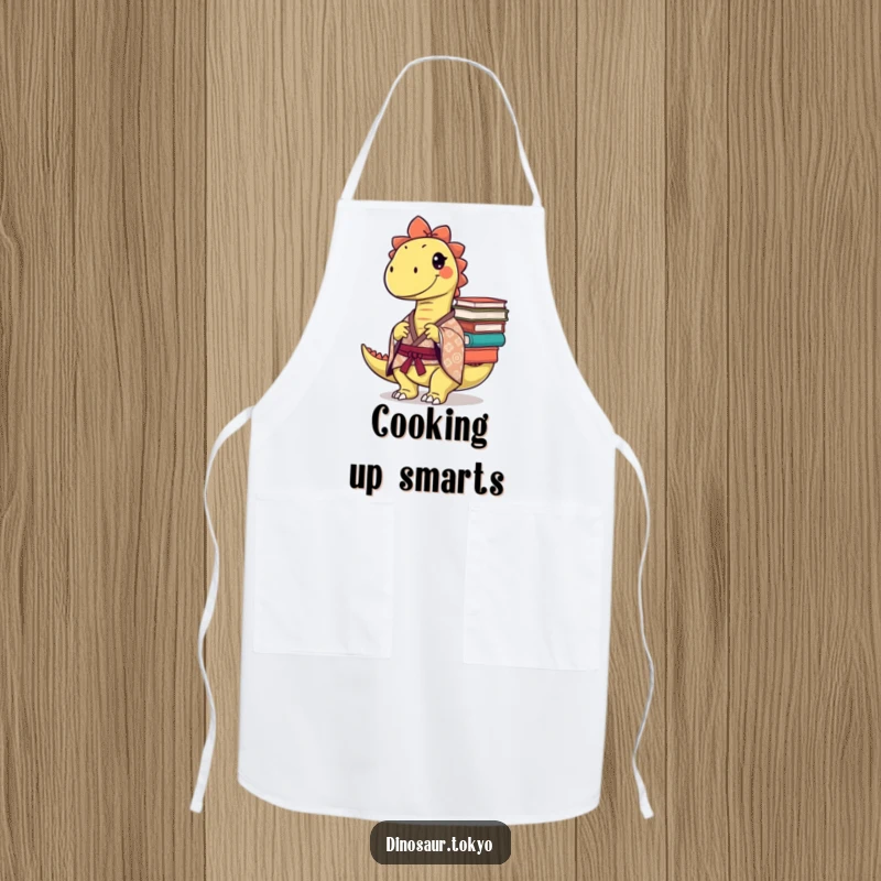 Funny Apron: A mischievous dinosaur in a patterned kimono balances books, making this apron a humorous and clever kitchen accessory.