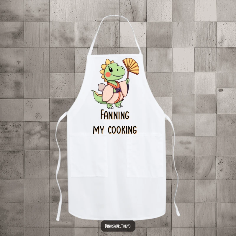 Funny cheerful dinosaur in a layered kimono gracefully swaying a fan, a humorous and functional kitchen apron.