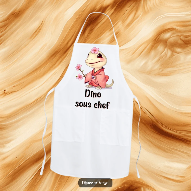 Funny Compsognathus Kimono Apron showing a grinning tiny dinosaur in a small kimono, offering a cherry blossom for humorous kitchen wear.