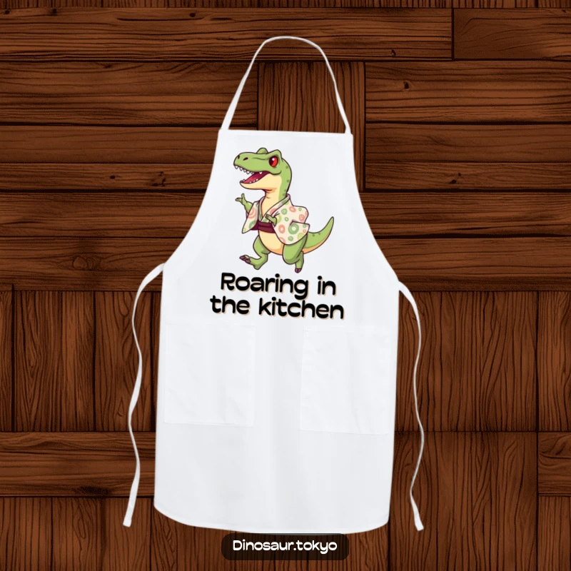 Funny Apron depicting a joyful velociraptor in a patterned kimono doing a triumphant leap, for a stylish cook.