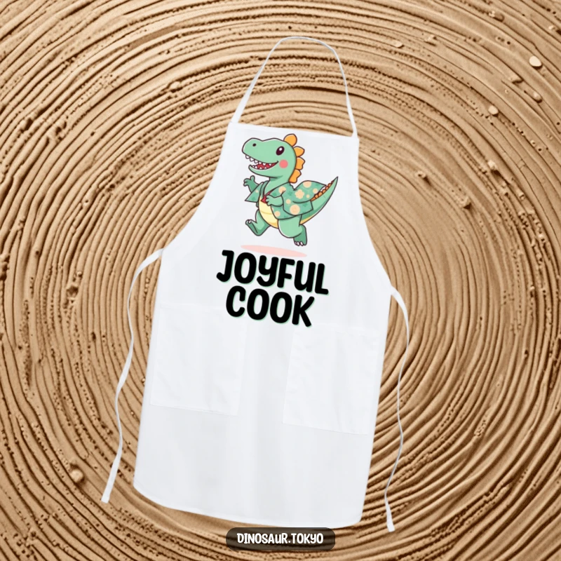 Funny apron with a playful dinosaur wearing a patterned kimono, captured mid-leap with joyful enthusiasm.