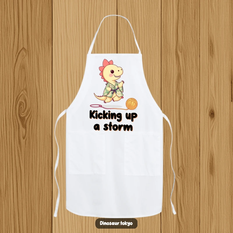 Funny dinosaur in a floral kimono playfully kicking a ball of yarn, a humorous and practical apron for the kitchen.