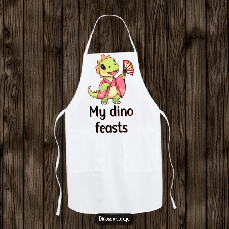 Funny Apron featuring a cute dinosaur in a kimono, perfect for the kitchen, a stylish and funny gift.