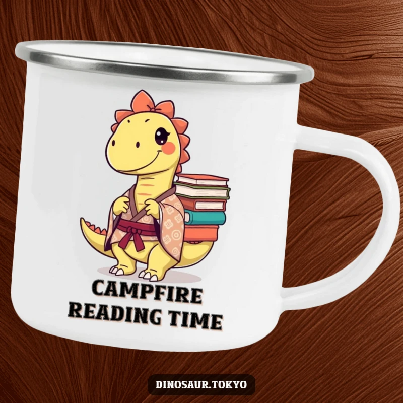 Funny Camping Mug: A mischievous dinosaur in a patterned kimono balances books, perfect for humorous outdoor reading sessions.