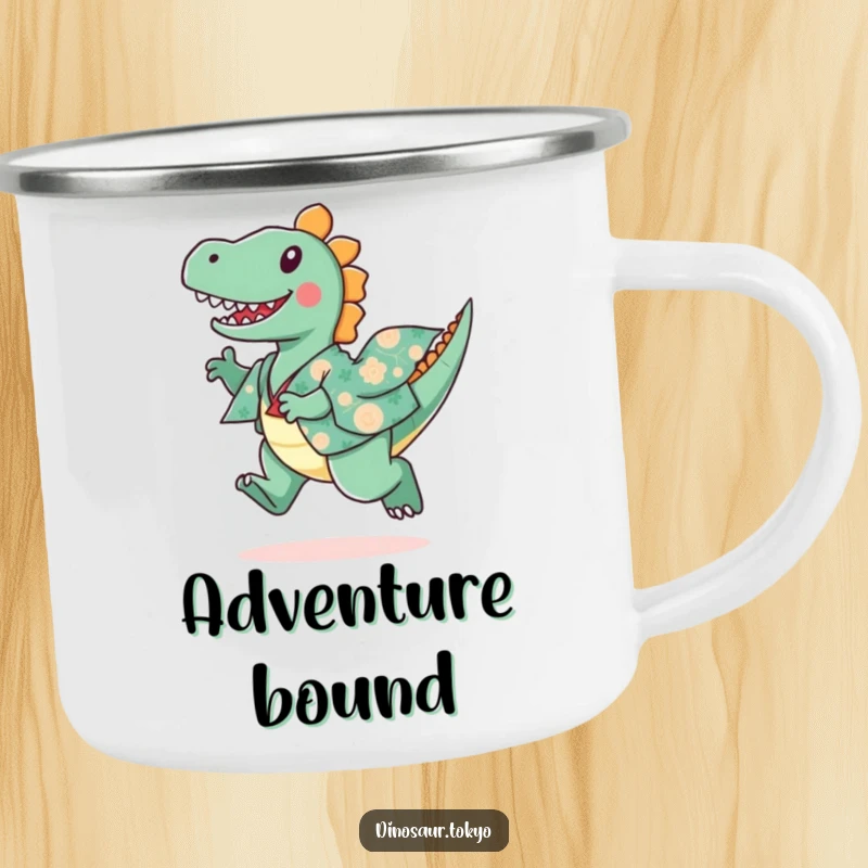 Funny camping mug with a playful dinosaur in a patterned kimono, leaping joyfully, perfect for outdoor use.