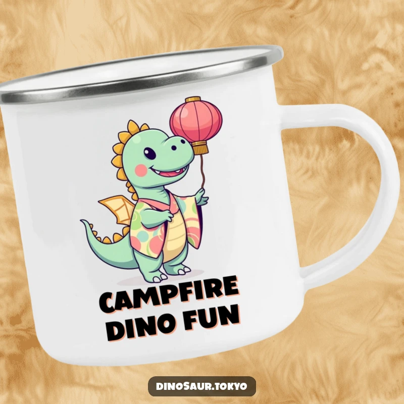 Funny dinosaur in a vibrant kimono twirling a paper lantern, a fun and artistic camping mug for outdoor enjoyment.