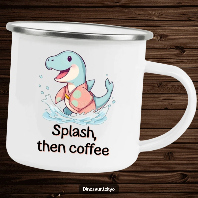 Funny Ichthyosaurus Kimono Camping Mug featuring a happy ancient sea creature in a flowing kimono, doing a joyful splash for humorous outdoor use.