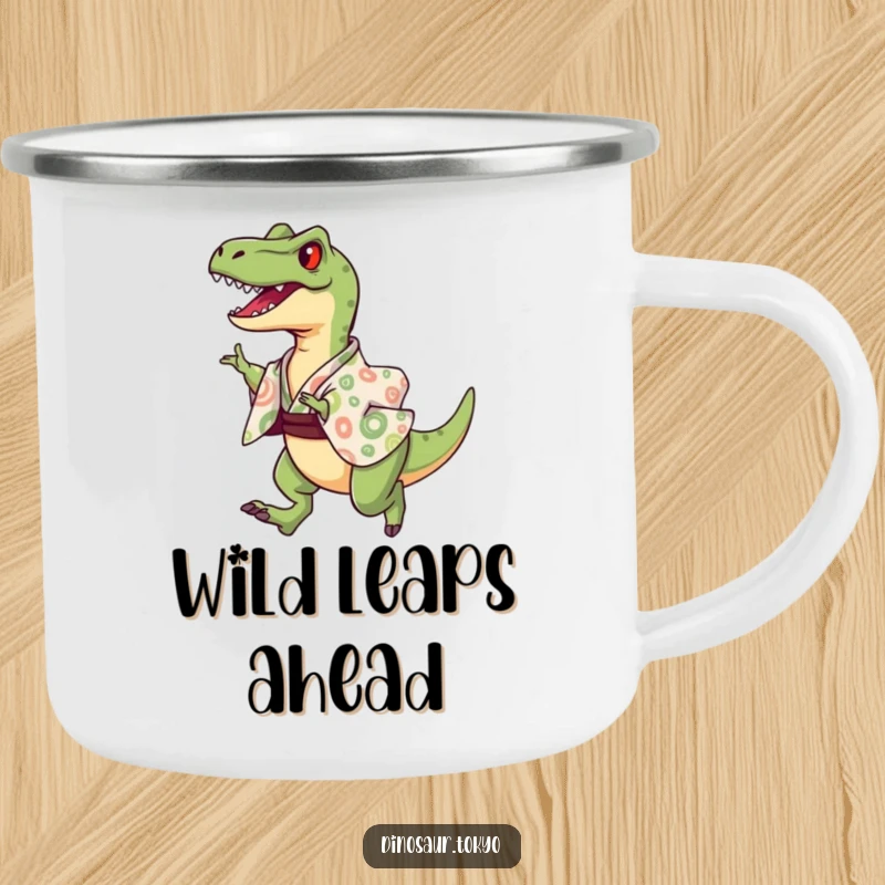 Funny Camping Mug with a joyful velociraptor in a patterned kimono performing a triumphant leap, for outdoor use.