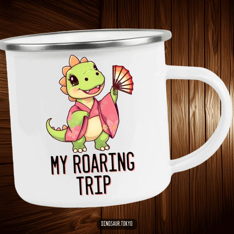 Funny Camping Mug with a cute dinosaur in a kimono, built for adventure, a stylish and funny gift.
