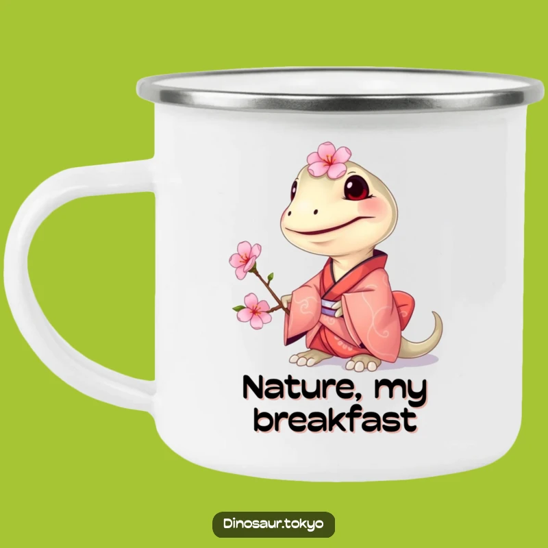 Funny Compsognathus Kimono Camping Mug: Tiny Dino's Blossom Brew