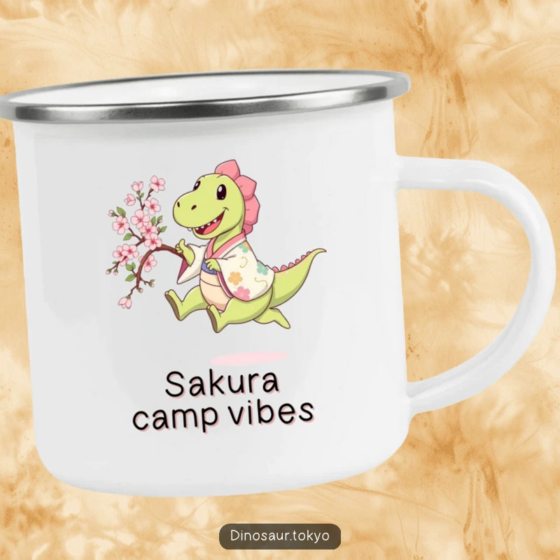 Funny happy dinosaur in a patterned kimono leaping while holding a sakura branch, a durable and humorous camping mug.