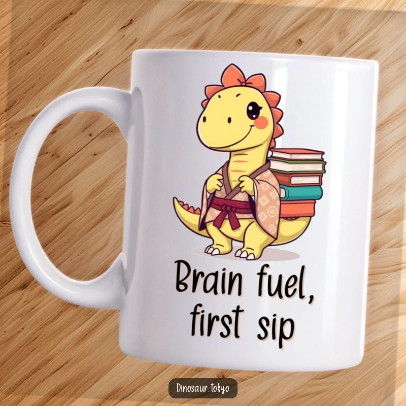Funny Mug: A mischievous dinosaur in a patterned kimono precariously balances a tall stack of books, looking sly.
