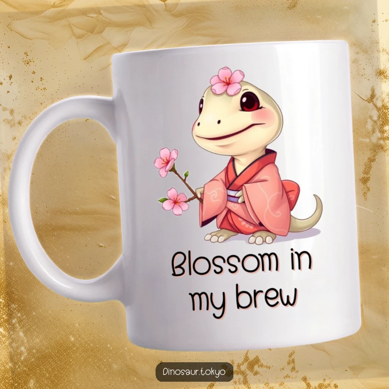 Funny Compsognathus Kimono Mug featuring a grinning tiny dinosaur in a small kimono, offering a cherry blossom with cute, humorous intent.