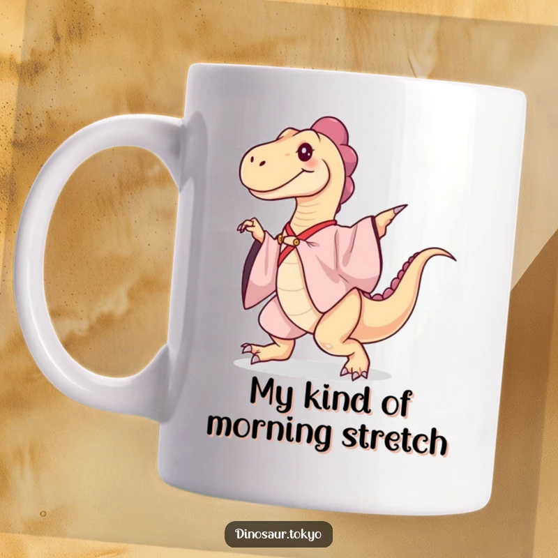 Funny Mug: A graceful dinosaur in a silk kimono performs a flowing dance move, exuding elegance and humor.
