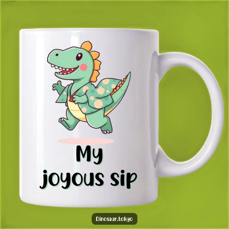 Funny Dinosaur Kimono Mug, Playful Leaping Dino Art, Joyful Gift