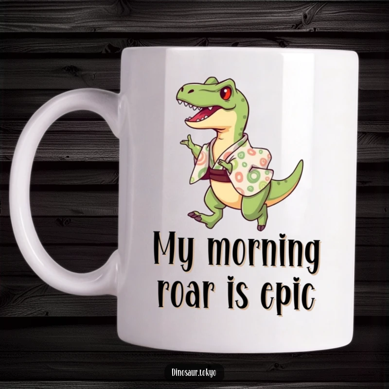 Funny Mug showing a joyful velociraptor in a colorful patterned kimono performing a triumphant leap, radiating happiness.