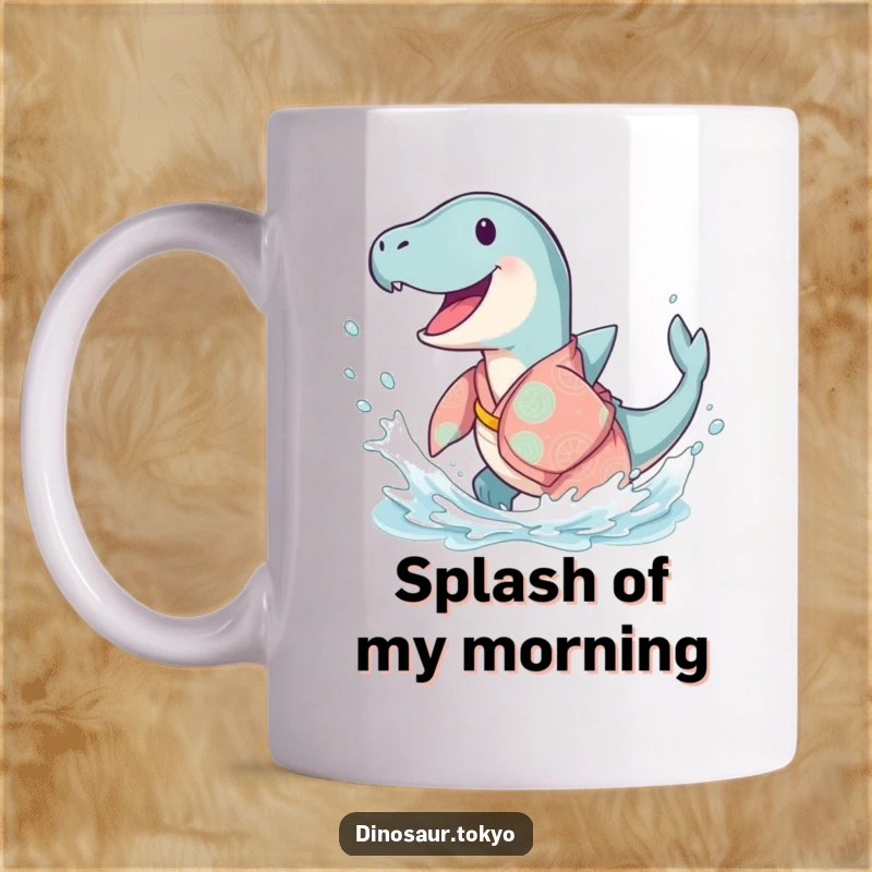 Funny Ichthyosaurus Kimono Mug featuring a happy ancient sea creature in a flowing kimono, doing a joyful splash with aquatic charm.