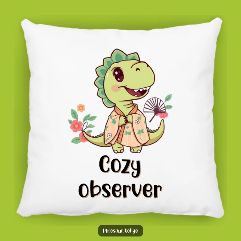 Funny Curious Dino Pillow, Floral Kimono Art, Cozy Mysterious Comfort Gift