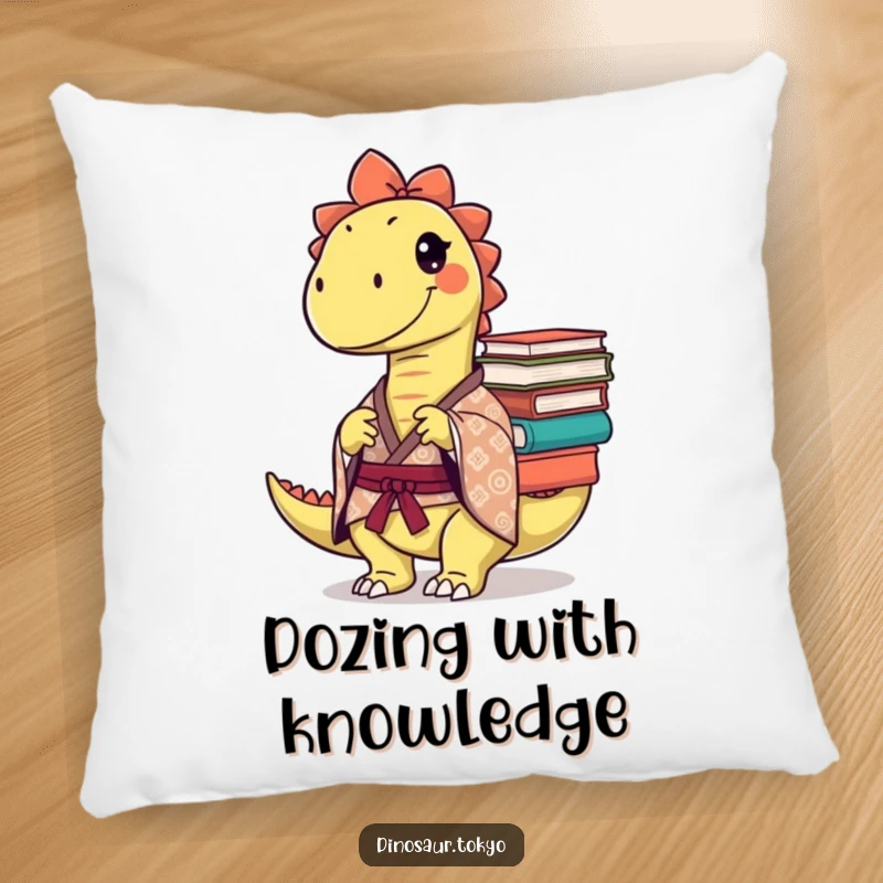 Funny Pillow: A mischievous dinosaur in a patterned kimono balances books, offering humorous comfort and a smart design.