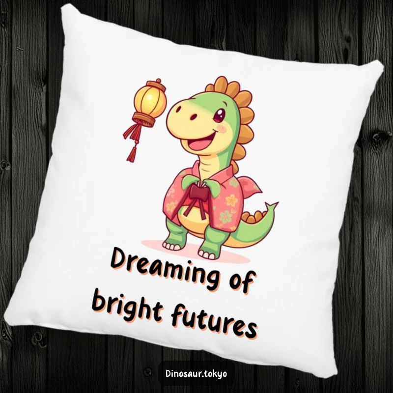 Funny Pillow: A joyful dinosaur in a vibrant kimono holds a lantern, offering humorous comfort and a glowing, cheerful design.