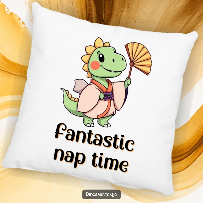 Funny cheerful dinosaur in a layered kimono gracefully swaying a fan, a soft and humorous decorative pillow.