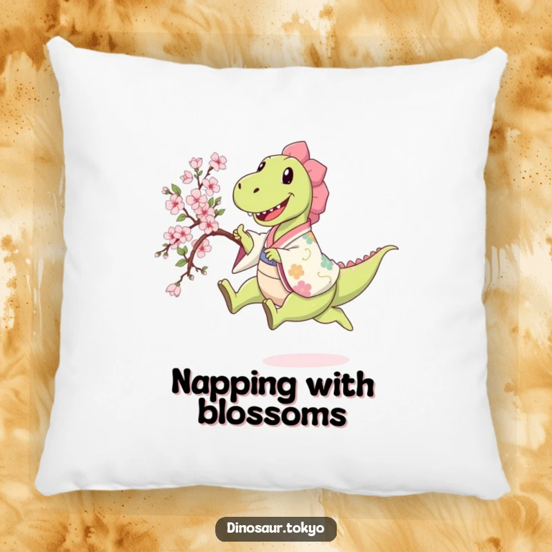 Funny happy dinosaur in a patterned kimono leaping while holding a sakura branch, a soft and humorous decorative pillow.