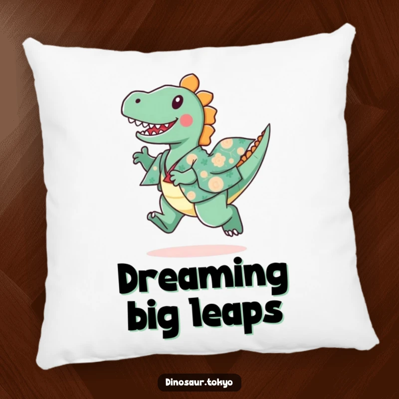 Funny pillow featuring a playful dinosaur in a patterned kimono, depicted in a happy leaping pose.