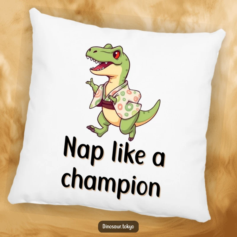 Funny Pillow featuring a joyful velociraptor in a patterned kimono, captured in a triumphant mid-air leap, adding whimsy.
