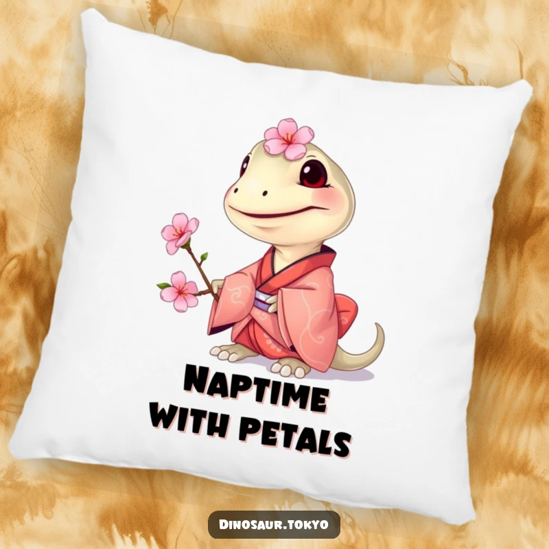 Funny Compsognathus Kimono Pillow featuring a grinning tiny dinosaur in a small kimono, offering a cherry blossom for humorous comfort.