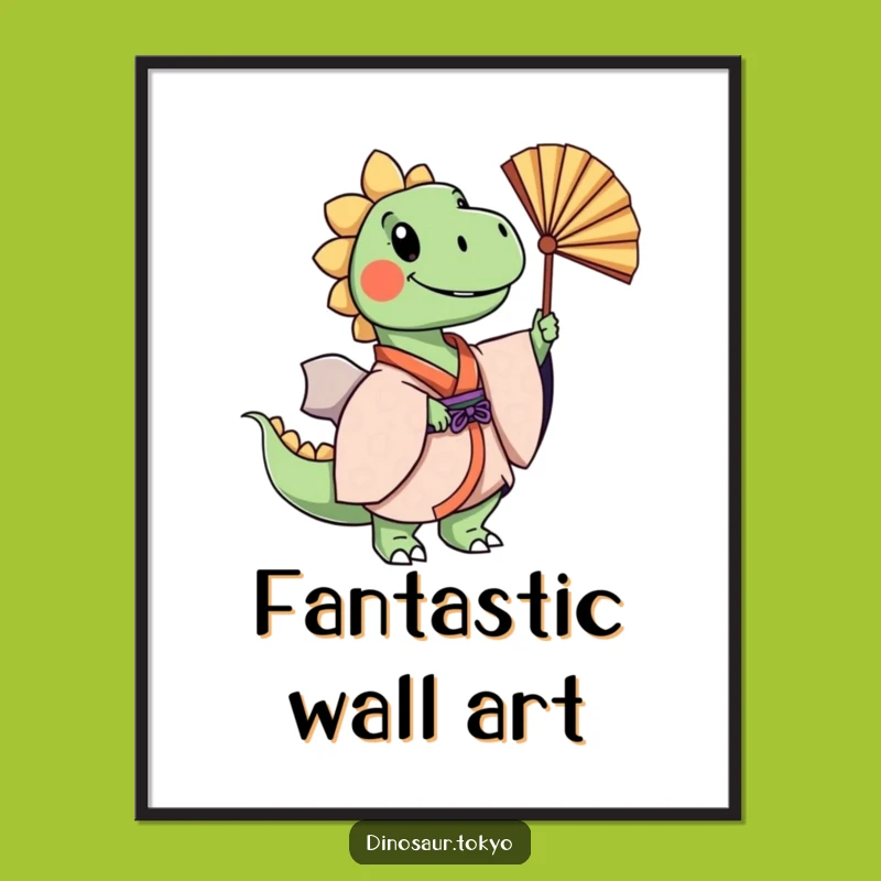Funny Dino Kimono Digital Art: Cheerful Fan Dance Instant Download