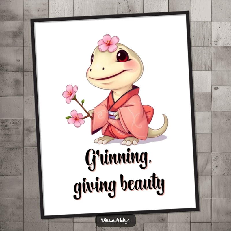 Funny Compsognathus Kimono Digital Art Print: Grinning tiny dinosaur in a small kimono, offering a cherry blossom for humorous wall decor.