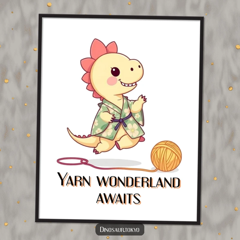 Funny dinosaur in a floral kimono playfully kicking a ball of yarn, a humorous digital art print for instant decor.