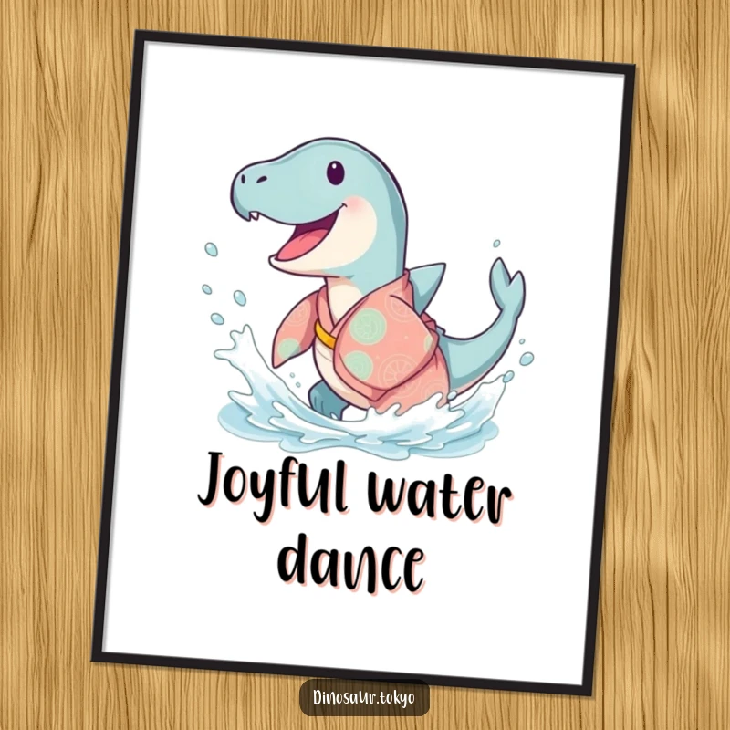 Funny Ichthyosaurus Kimono Digital Art Print: Happy ancient sea creature in a flowing kimono, doing a joyful splash for humorous wall decor.