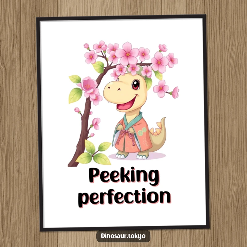 Funny digital art print of a smiling dinosaur in a kimono, peeking from behind cherry blossoms, offering instant humorous decor.