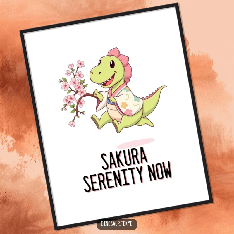 Funny happy dinosaur in a patterned kimono leaping while holding a sakura branch, a humorous digital art print for instant decor.