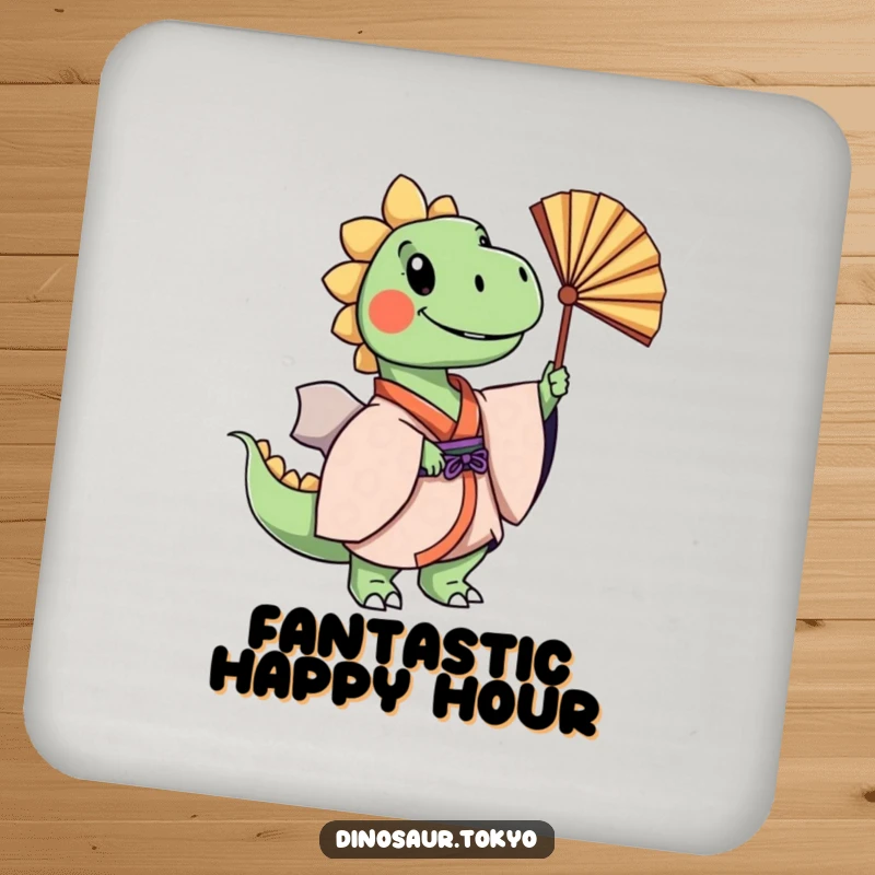 Funny cheerful dinosaur in a layered kimono gracefully swaying a fan, a humorous and protective drink coaster.