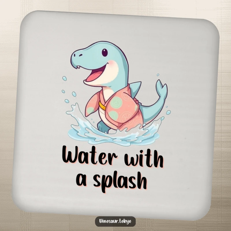 Funny Ichthyosaurus Kimono Coaster featuring a happy ancient sea creature in a flowing kimono, doing a joyful splash for humorous surface protection.