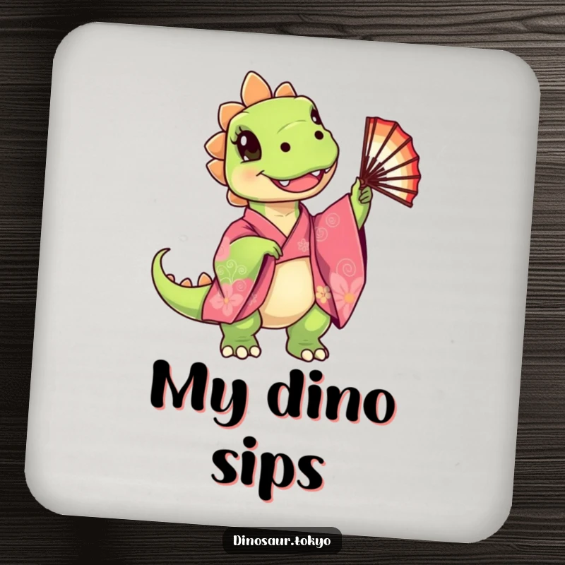 Funny Drink Coasters featuring a cute dinosaur in a kimono, protecting surfaces with artistic and funny flair, a superb funny gift.