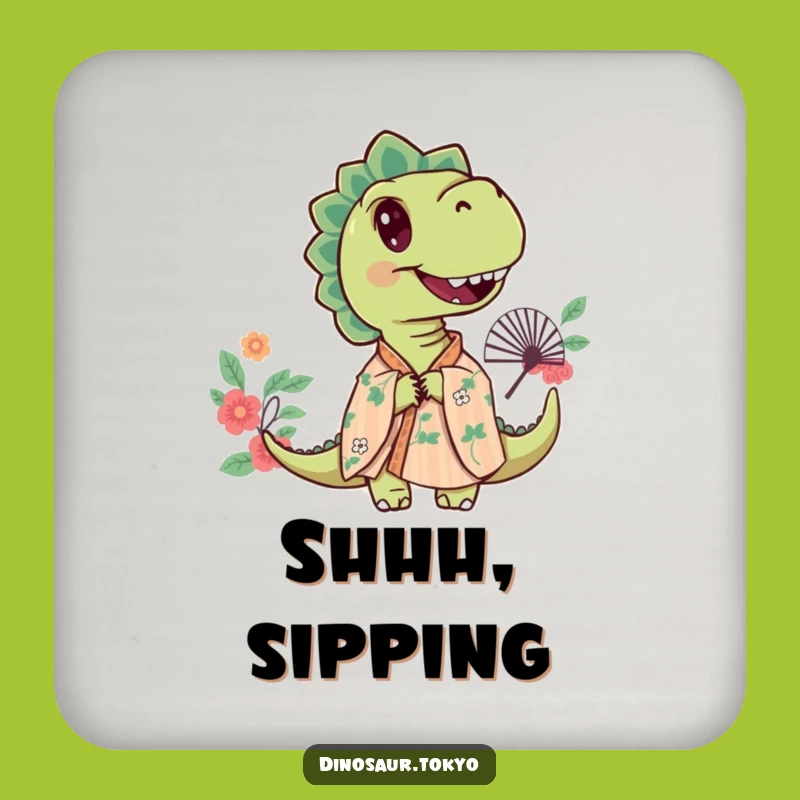 Funny Curious Dino Coaster Set, Floral Kimono Art, Tabletop Mystery Gift