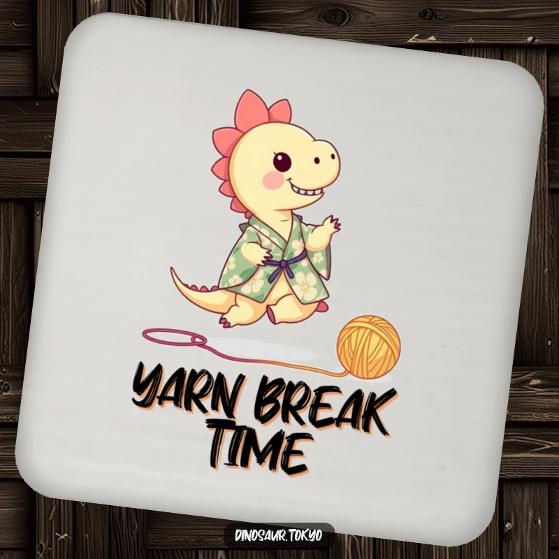 Funny dinosaur in a floral kimono playfully kicking a ball of yarn, a humorous and protective drink coaster.