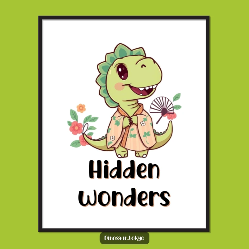 Funny Curious Dino Poster, Floral Kimono Art, Mysterious Wall Decor Gift