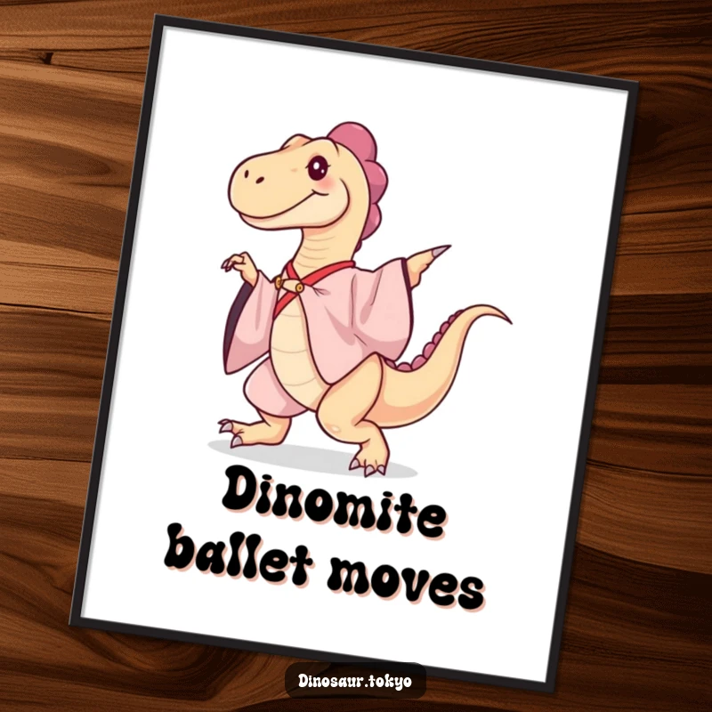 Funny Poster: An elegant dinosaur in a silk kimono performs a flowing dance move, creating a humorous and artistic wall decoration.