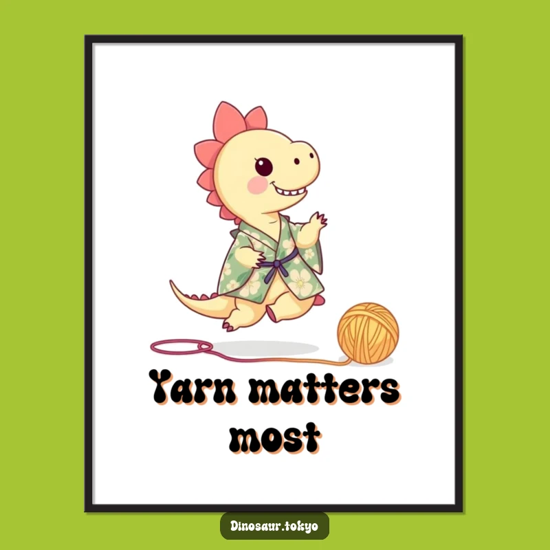 Funny Dino Kimono Art Print: Playful Yarn Kicking Dinosaur Wall Decor