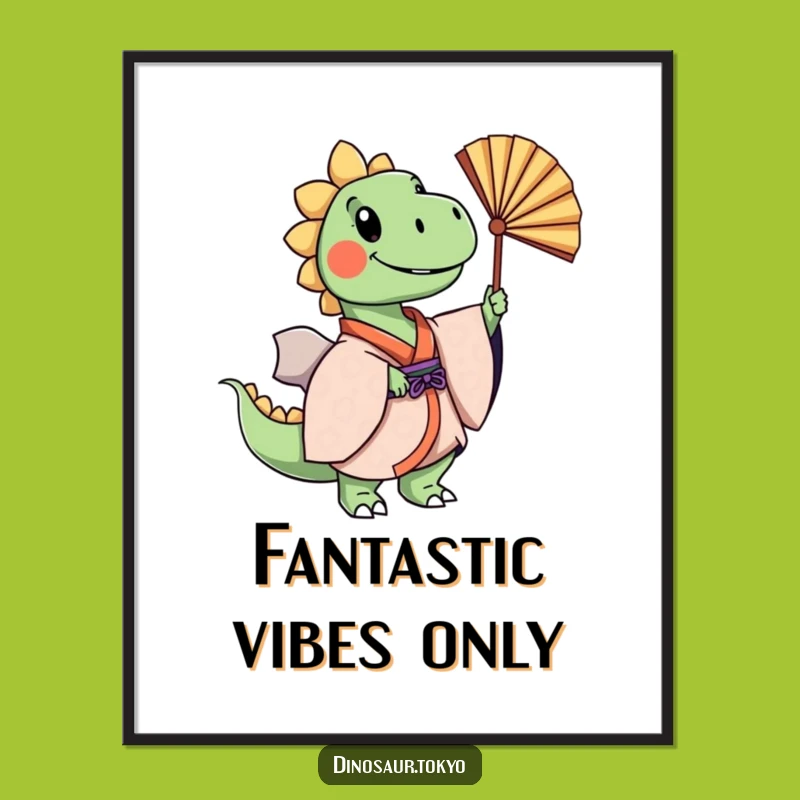 Funny Dino Kimono Fan Dance Poster: Cheerful Wall Art for Humor Lovers