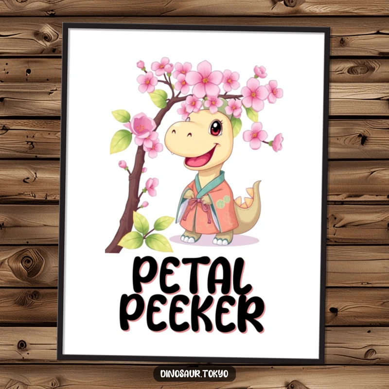 Funny poster of a smiling dinosaur in a kimono, peeking from behind cherry blossoms, bringing a humorous and artistic touch to any room.