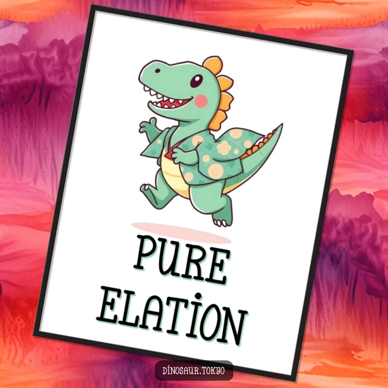 Funny poster of a playful dinosaur wearing a patterned kimono, joyfully leaping with excitement and energy.