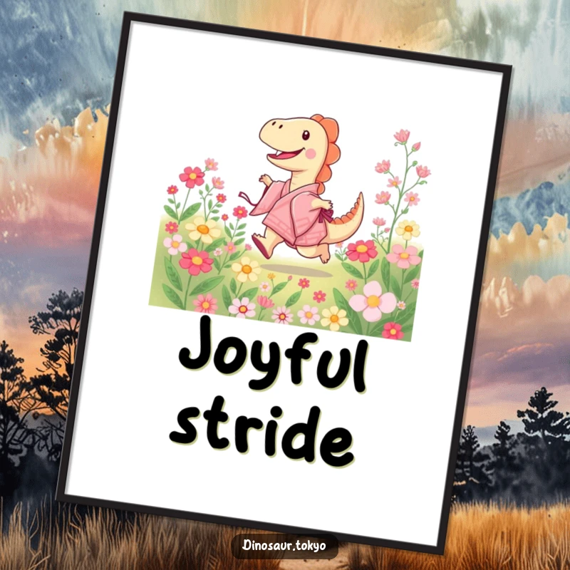 Funny poster depicting a joyful dinosaur in a kimono skipping through a vibrant field of blooming flowers, conveying happiness.