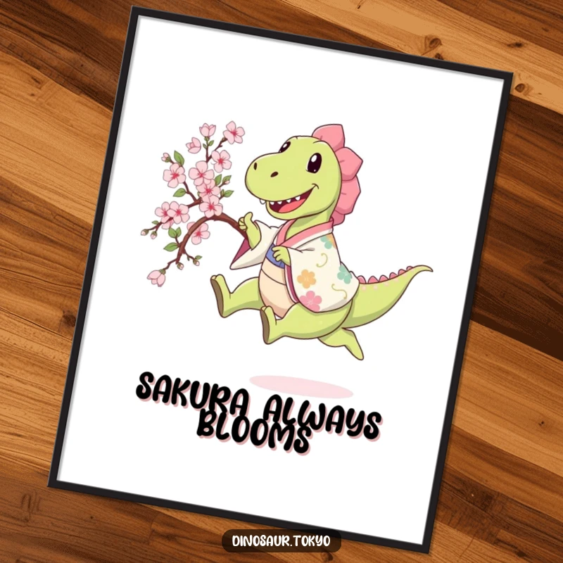 Funny happy dinosaur in a patterned kimono leaping while holding a sakura branch, a humorous and vibrant art print.