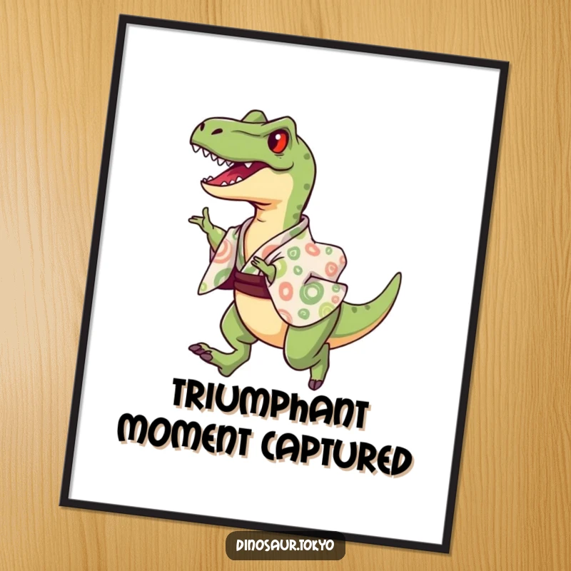 Funny Poster of a jubilant velociraptor in a patterned kimono, caught in a moment of triumphant, energetic leaping.