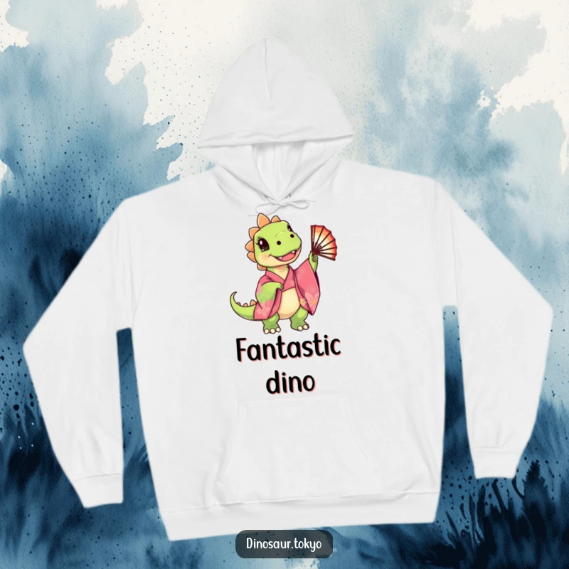 Funny Hoodie featuring a cute dinosaur in a kimono happily twirling a fan, offering warmth and adorable charm, a great funny gift.